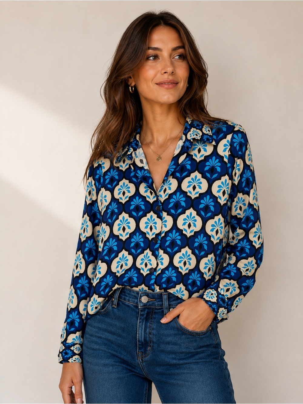 NWOT Zara Satin Geometric Retro Inspired Button Up Blouse Small Work Office Chic